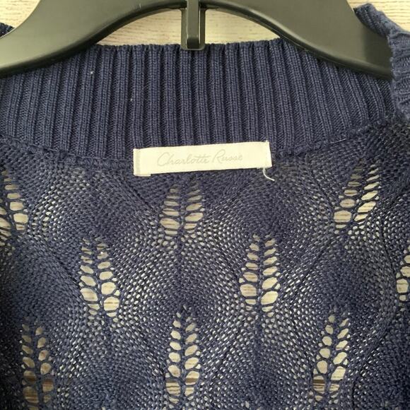 Charlotte Russe Navy Blue Knit Sweater Sheer Deep V-Neck Short Sleeves Medium - Picture 6 of 9